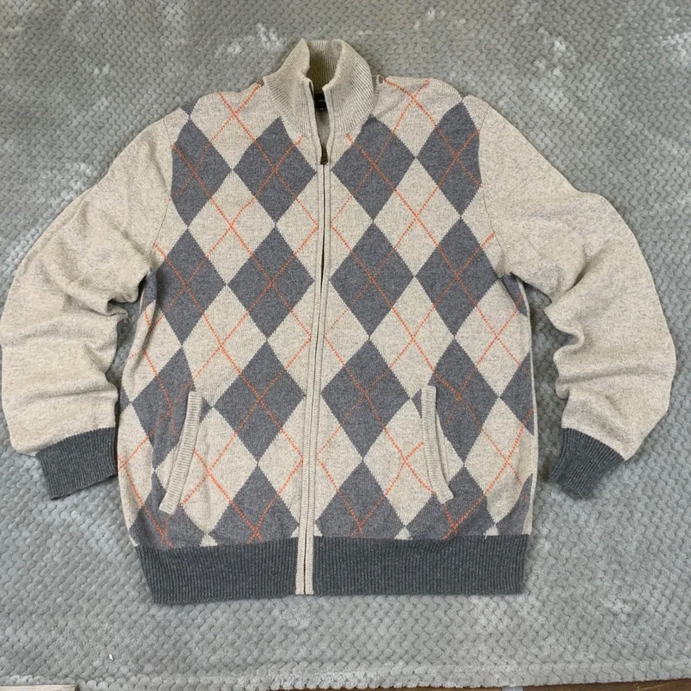 Gap Argyle Sweater Mens XL Gray Beige Full Zip Cotton Wool Blend Y2K Orange